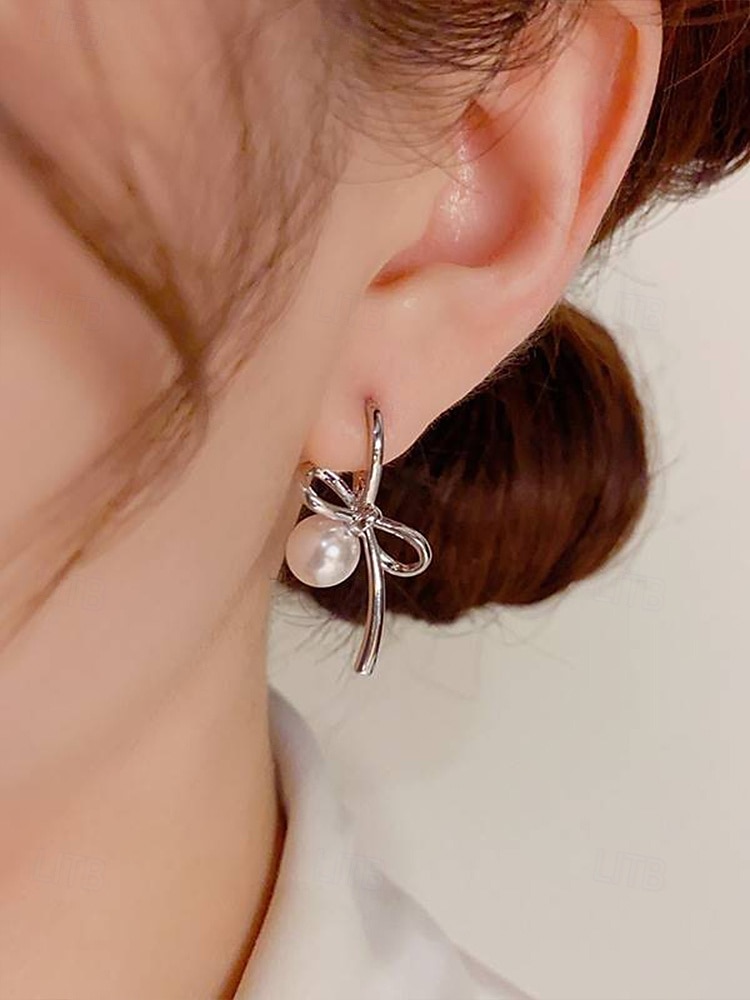 Women's Elegant Bow Knot Pearl Drop Earrings – Dainty Gold or Silver Plated Studs for Romantic Dates, Weddings and Daily Wear 2025 - $11.99 –P2