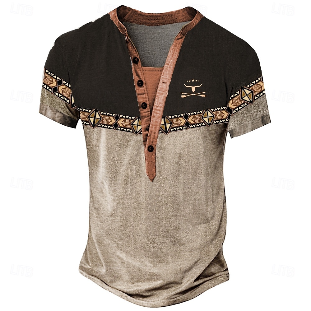 Pánské Etno Geleneksel Tričko Tričko Henley Trička Krátký rukáv Designové Základní Klasické Venkovní Ležérní Denní Léto Tmavěhnědá Námořnická modř Henley Collar Henley Tričko Henley 2025 - $20.99 –P1
