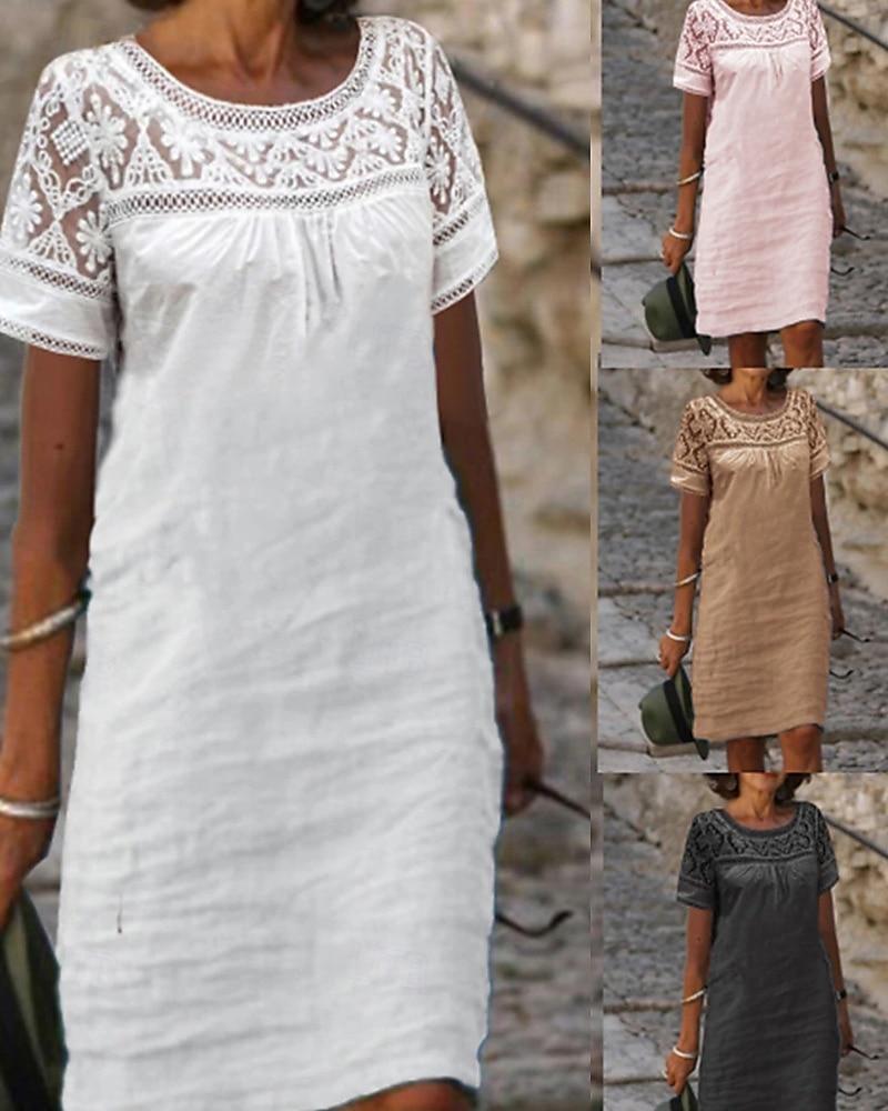 Femmes Mini Robe Robe en coton et lin Mode Moderne Extérieur Vacances Fête Coupe régulière Uni Manche Courte Col ras du cou Noir Blanche Rose Claire Kaki Été de 2025 ? $12.99 –P1