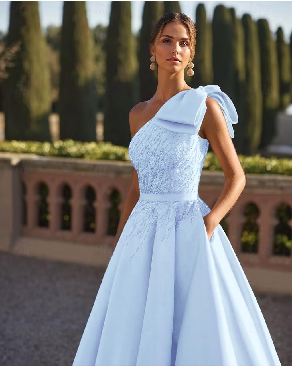 A-Linje Kveldskjole Elegant Kjole Formell Bryllup Gulvlengde Uten Ermer One Shoulder Sateng med Glitter Sløyfe(r) Perler 2025 - $229.99 –P4
