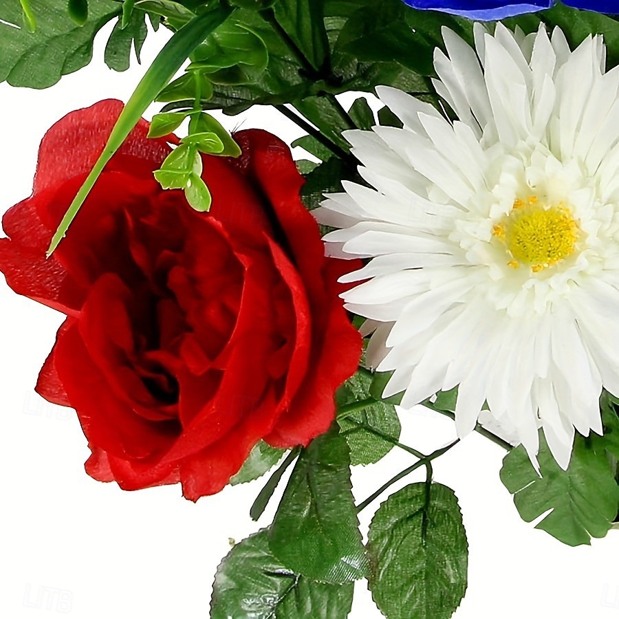 Patriotic Artificial Flowers 4th of July Bouquet Fake Independence Day Red White and Blue Cemetery Flowers with American Flags Roses Daisy for Grave Memorial Day  Veterans Decoration 2025 - $13.99 –P2