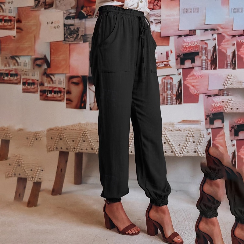 Femmes Slacks Pantalons Occasionnel Longueur complète Naturel Uni Avec Poches Conception à cordon élastique Confortable Extérieur Fête Décontracté Quotidien Week-end Vin Noir Vert Claire Vert Véronèse de 2025 ? $18.99 –P12