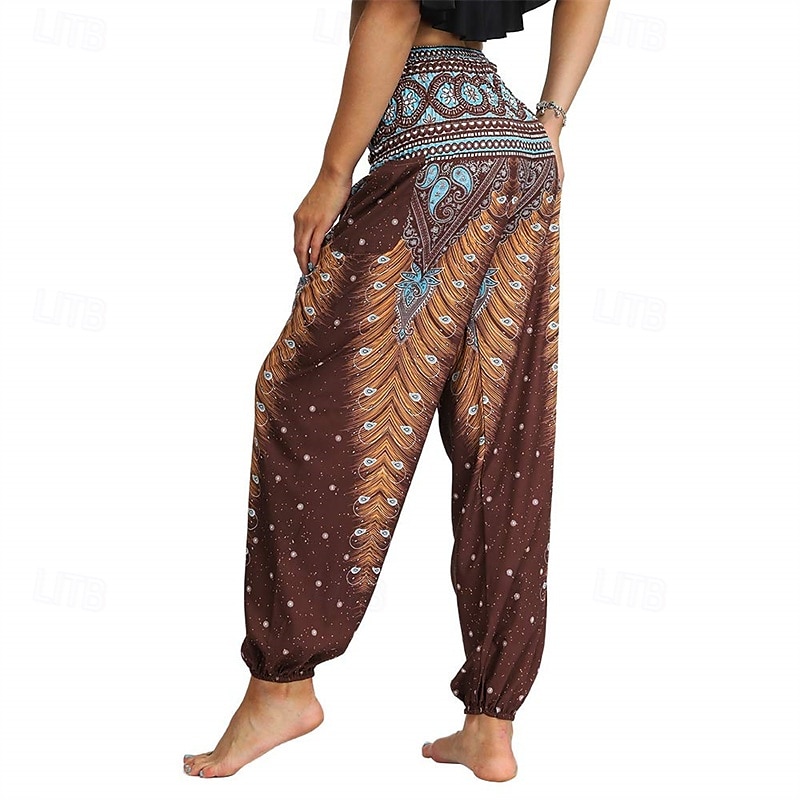 Retro Antiguo Boho Años 70 Pantalones Harem Pantalones de yoga Hippie Cintura elástica Pavo real Plumas Mujer Víspera de Todos los Santos Carnaval vacaciones en la playa Fiesta temática retro Festival 2025 - $27.99 –P7