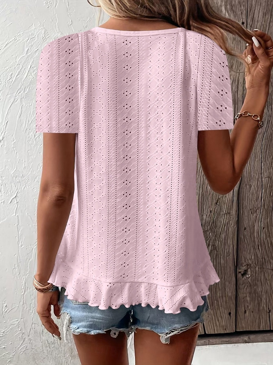 Tricou pentru femei Culoare solidă Simplu Basic Casual Mâneci scurte Guler rotund Topuri Regular Zilnice Weekend Volan Dantelat Alb Galben Roz Verde Vară 2025 - $19.99 –P3