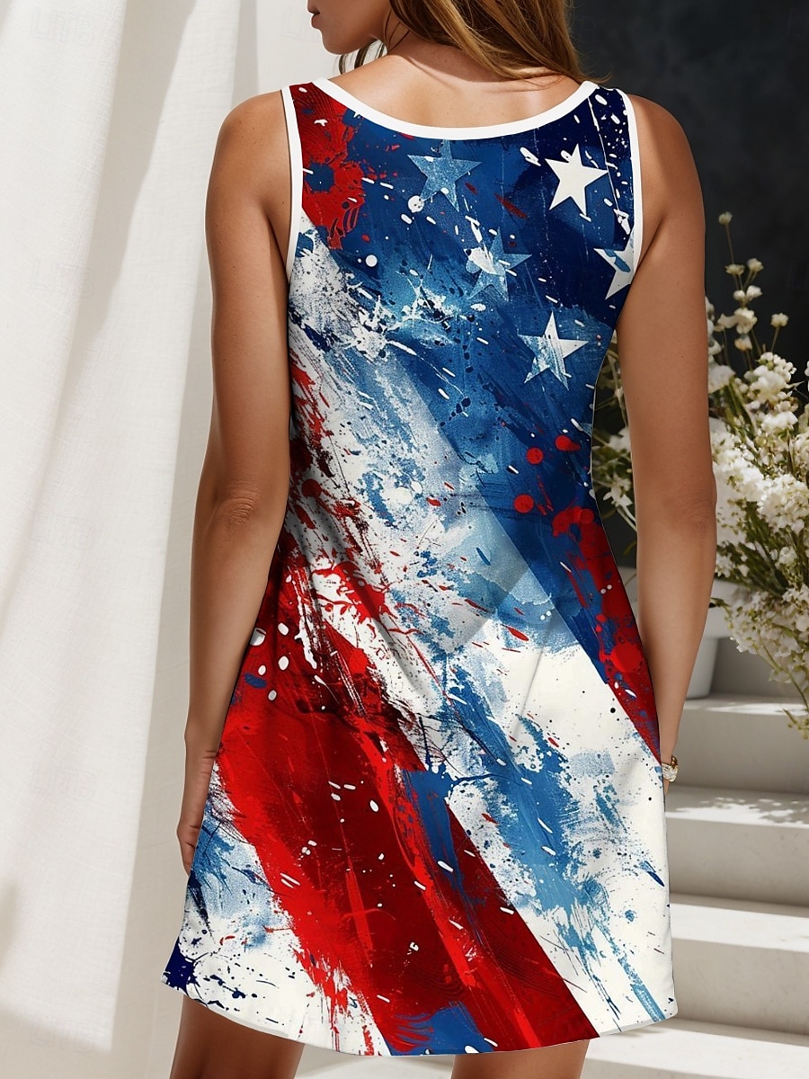 Robe mini patriote robe de plage robe d'été décontractée vacances ajustement régulier graphique drapeau sans manches col en V bleu été printemps de 2025 ? $21.99 –P2