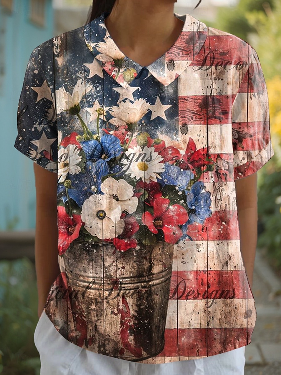 Bluză patriotică pentru femei grafică cu steag stil casual mânecă scurtă guler regular print galben roșu albastru vară primăvară 2025 - $23.99 –P1