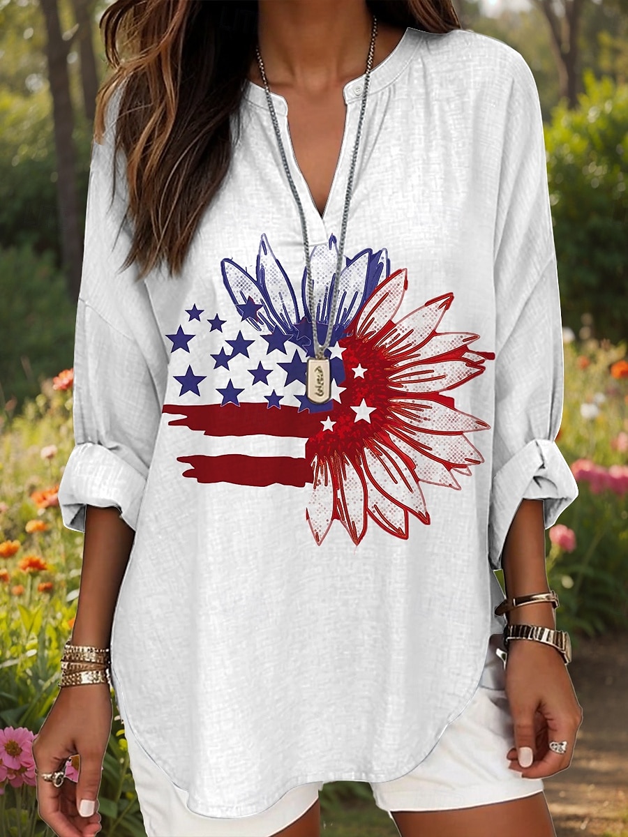 Jour de l'Indépendance Américaine Femmes Hauts d'été Graphique Drapeau Quotidien Occasionnel manche longue Col en V Hauts Réguliers Quotidien Imprimé Bordeaux Rouge Bleu Été Printemps de 2025 ? $24.99 –P3