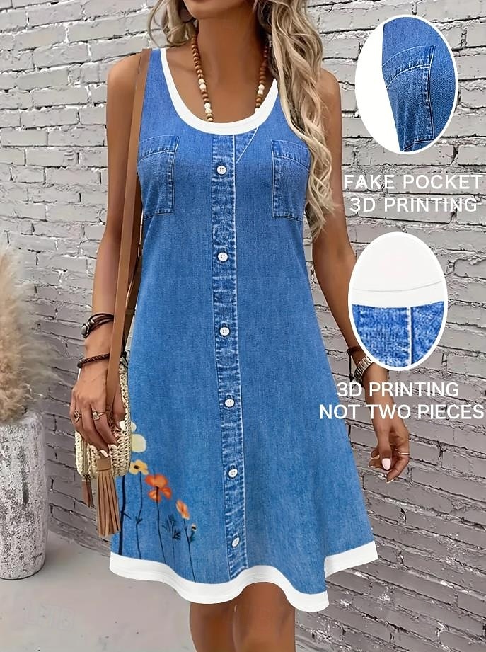 Damen Minikleid Sommerkleid A Linie Kleid Urlaub Lässig Täglich Normale Passform Blumen Grafik Ärmellos U-Ausschnitt Blau Dunkelblau Sommer 2025 - $21.99 –P3