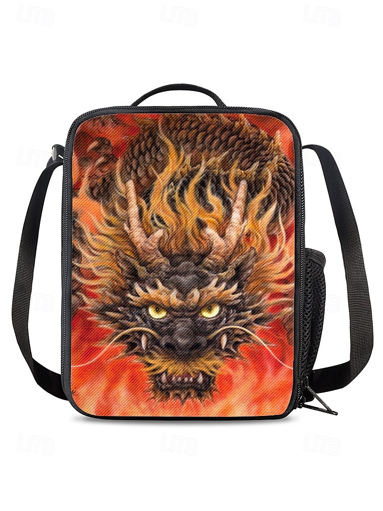 Set rucsac bărbătesc format din 3 piese cu dragon și imprimeu cu flăcări - ghiozdan școlar rezistent, geantă de prânz izolată și geantă pentru pixuri pentru adolescenți iubitori de întoarcerea la școală și stil fantasy, Kayomi Harai 2025 - $32.99 –P6