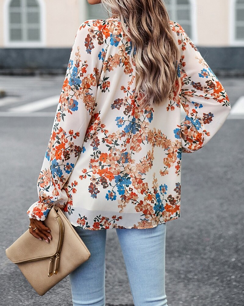 Femmes Chemise Bohème Chemisier Fleur Moderne Boho manche longue Col en V Hauts Réguliers Quotidien Sortir Imprimé Noir bleu marine Bleu Abricot Été de 2025 ? $26.99 –P20