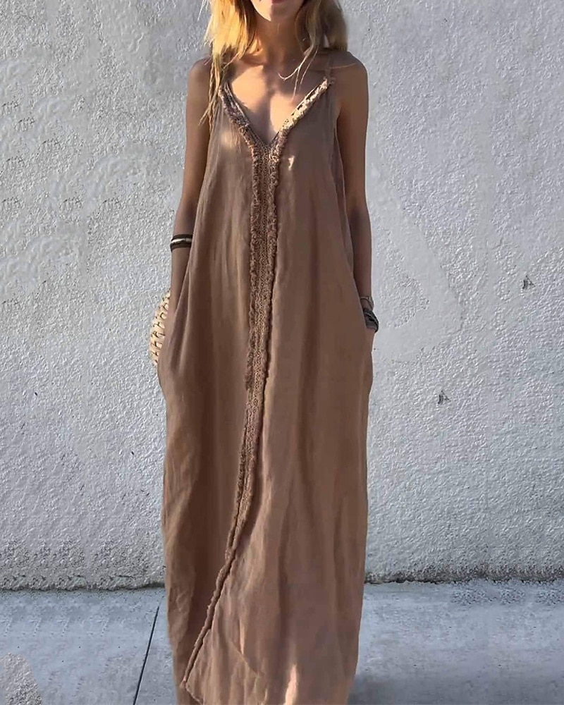 Dámské Dlouhé šaty Maxi šaty Šaty inspirované plátnem Bavlněné lněné šaty Slip Dress Boho šaty Vinobraní Módní Venkovní Párty Dovolená Běžný Bez vzoru Bez rukávů Do V Hnědá Trávová zelená Světle šed 2025 - $32.99 –P1