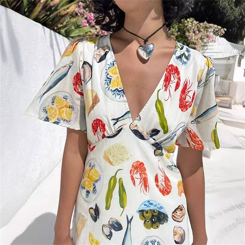 Per donna Abito Lungo Maxi Abito Abiti in cotone e lino Vestito Casual Moda All'aperto Feste Ferie Vestibilità regolare Frutta Manica Corta Scollo a V Beige Estate del 2025 a $42.99 –P5