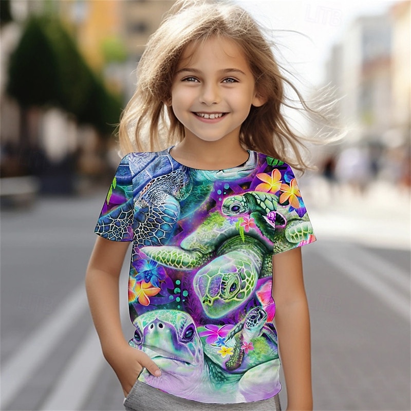 Camiseta de manga corta con estampado 3D de tortugas marinas de Sheena Pike para niña, ideal para verano y primavera, ideal para niñas de 4 a 12 años, cuello redondo, para exteriores, informal, para 2026 - $10.49 –P1
