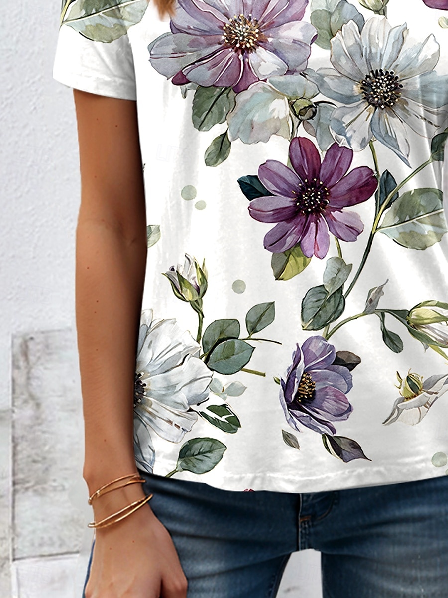 Dame T skjorte Blomstret Grafisk Planter Årgang Stilfull Klassisk Kortermet Crew-hals Rund hals Vanlige topper Daglig Trykt mønster Lilla Sommer 2025 - $19.99 –P3