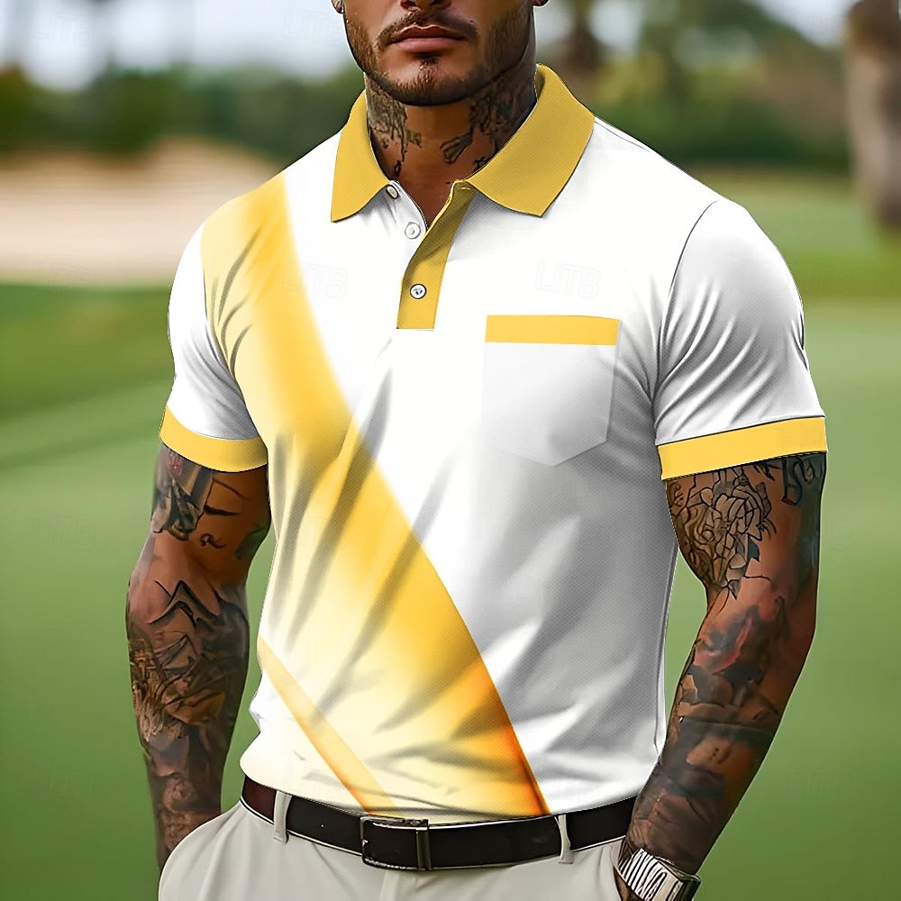 Herre Button Up Poloer Virksomhet Avslappet Knaphul Kortermet Kontor Geometrisk Linje Knapper Lomme Sommer Gul Blå Oransje Grå Button Up Poloer 2025 - $20.99 –P1