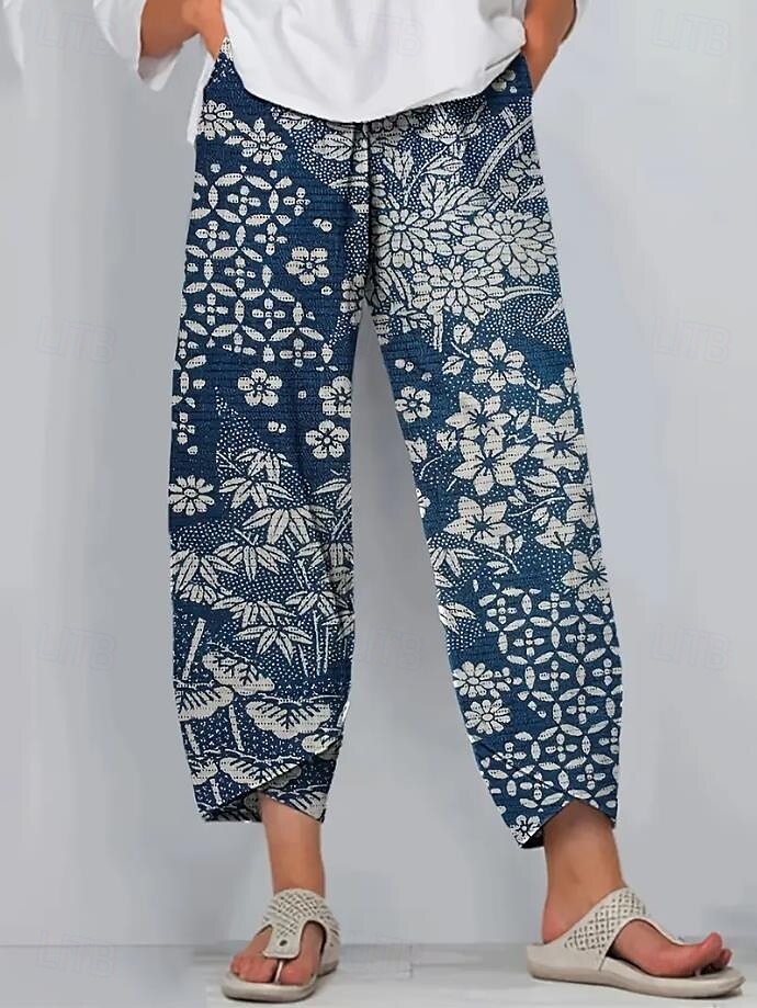 Damen Weites Bein Chinos Baggy-Hosen Urlaub Vintage Ethno-Stil Volle Länge Hohe Taille Blumen Grafik Drucken Thermowarm Atmungsaktiv Weich Mikroelastisch Urlaub Straße Lässig Dunkelgrau Rubinrot 2025 - $20.99 –P6