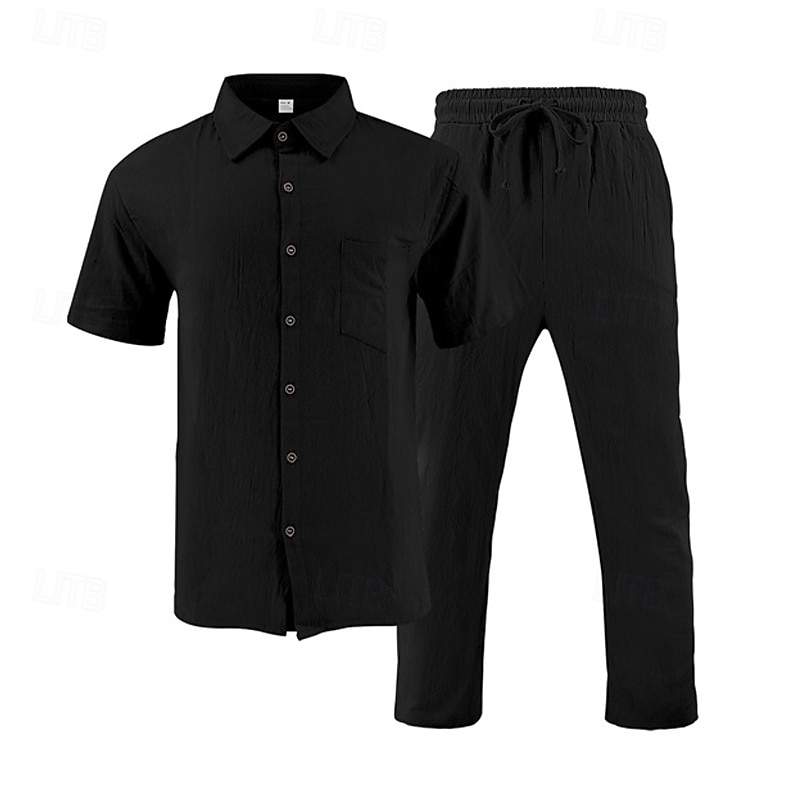 Men's Shirt Suits Shirt and Pant Sets 2 Pieces Outfits Short Sleeve Lapel Summer Plain Fashion Casual 2 Piece Vacation Daily Wear Going out Black White Khaki Top Tee for Men 2025 - $40.99 –P6
