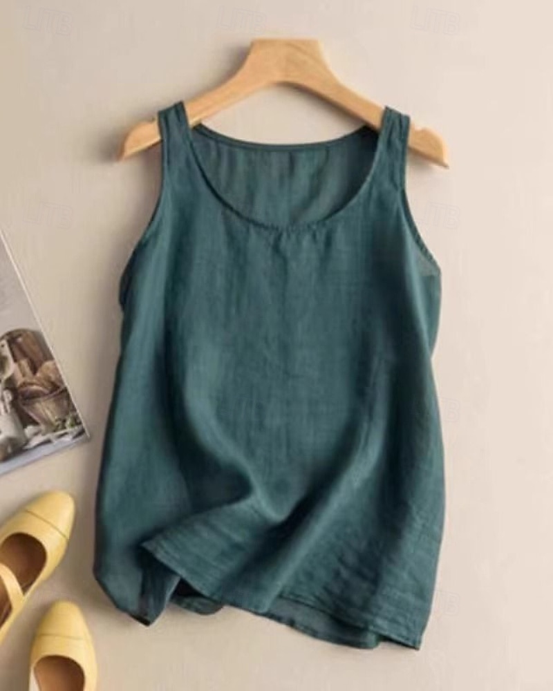 Dame Bomull lin vest Bluse عادي Fritid Ermeløs Crew-hals Vanlige topper Daglig Ferie Hvit Oransje Grønn Kakifarget Sommer 2025 - $19.99 –P1