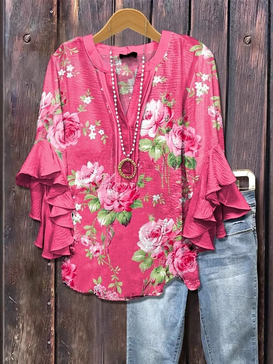 Pentru femei Bluză Ombre Floral Grafic Elegant Boemia Έθνικ Lungime Manșon 3/4 În V Topuri obișnuite Zilnic Concediu Îmbrăcăminte de vacanță Bufantă Imprimeu Alb Galben Verde Deschis Mov Roz 2025 - $29.99 –P5