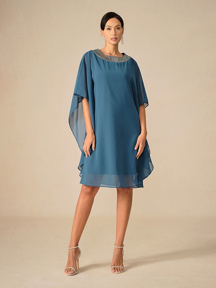 Damen Knielanges Kleid Chiffonkleid Elegant Party Einfarbig Halbarm Rundhalsausschnitt Blau Sommer Frühling Herbst 2025 - $79.99 –P3