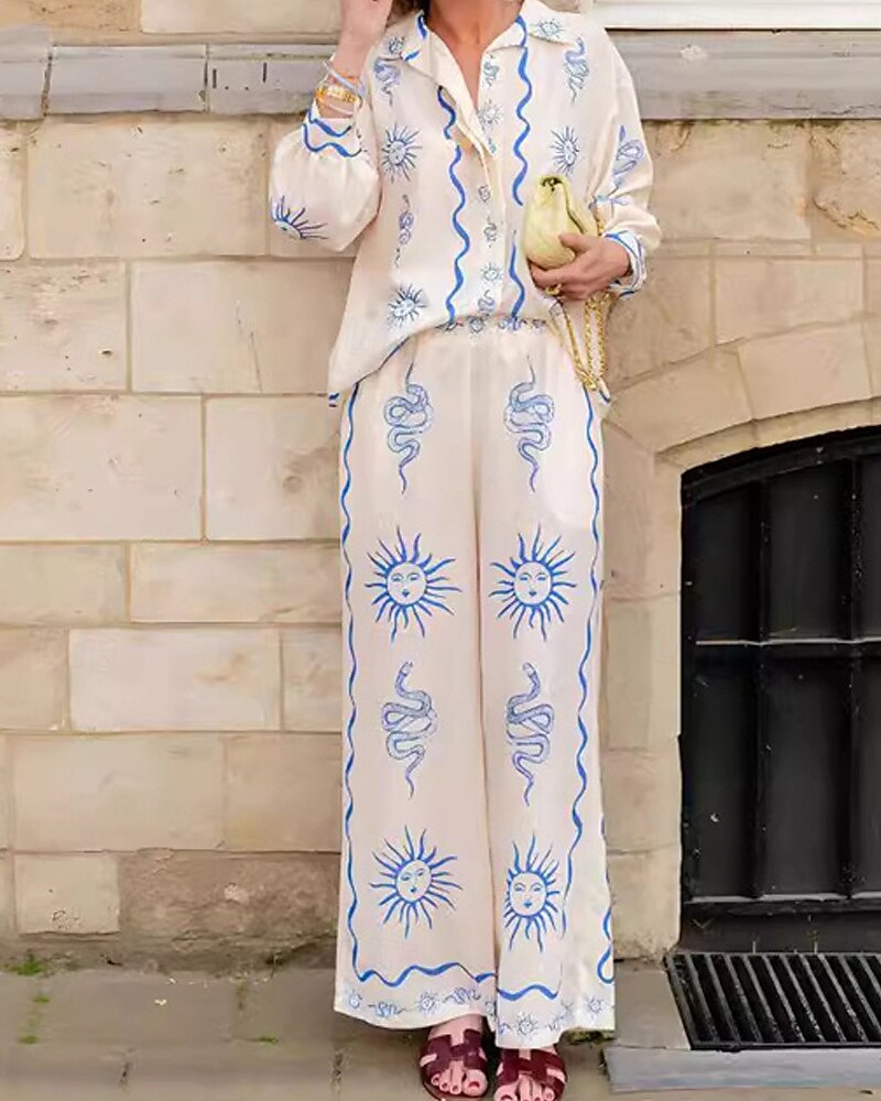 Pentru femei Modă Șic Stradă Cămăși Bumbac In Seturi de lenjerie de bumbac Seturi de pantaloni Manșon Lung Guler Cămașă Geometric Imprimeu Purtare Zilnică Dată Bej Vară Fit regulat 2025 - $44.99 –P3