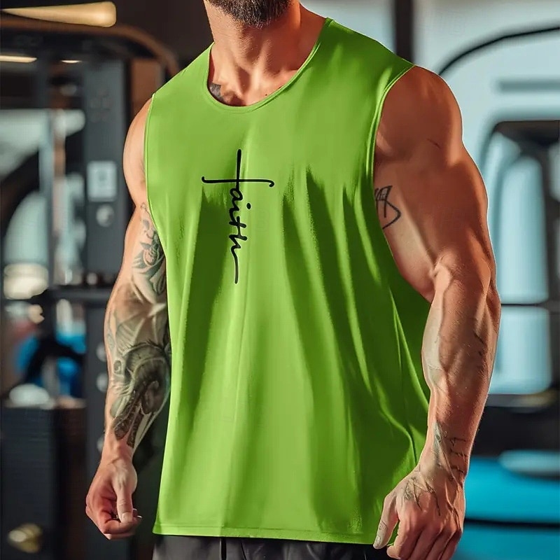 2026年 メンズ バイブル タンクトップ ベスト アンダーシャツ ノースリーブシャツ ノースリーブ クルーネック サマー レター ファッション デザイナー ベーシック クラシック バケーション ストリート 外出用 ブラック ホワイト イエロー トップ Tシャツ メンズ  コレクション – $15.49 –P9