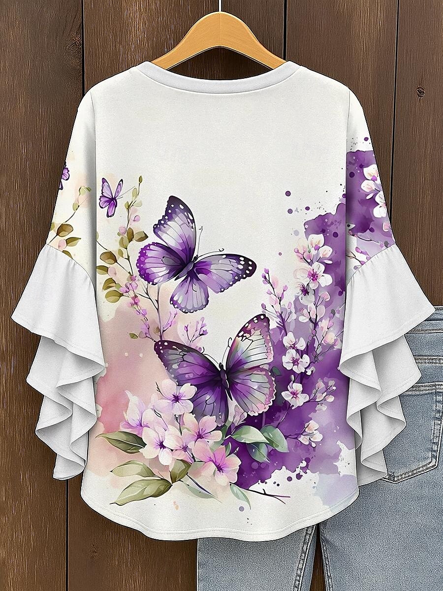 Women's Blouse Layered Ruffle Sleeve Tops Floral Graphic Butterfly Bohemia Vintage Tropical 3/4 Length Sleeve V Neck Regular Tops Daily Holiday Vacation Wear Print Yellow Red Blue Purple Green Summer 2025 - $29.99 –P2
