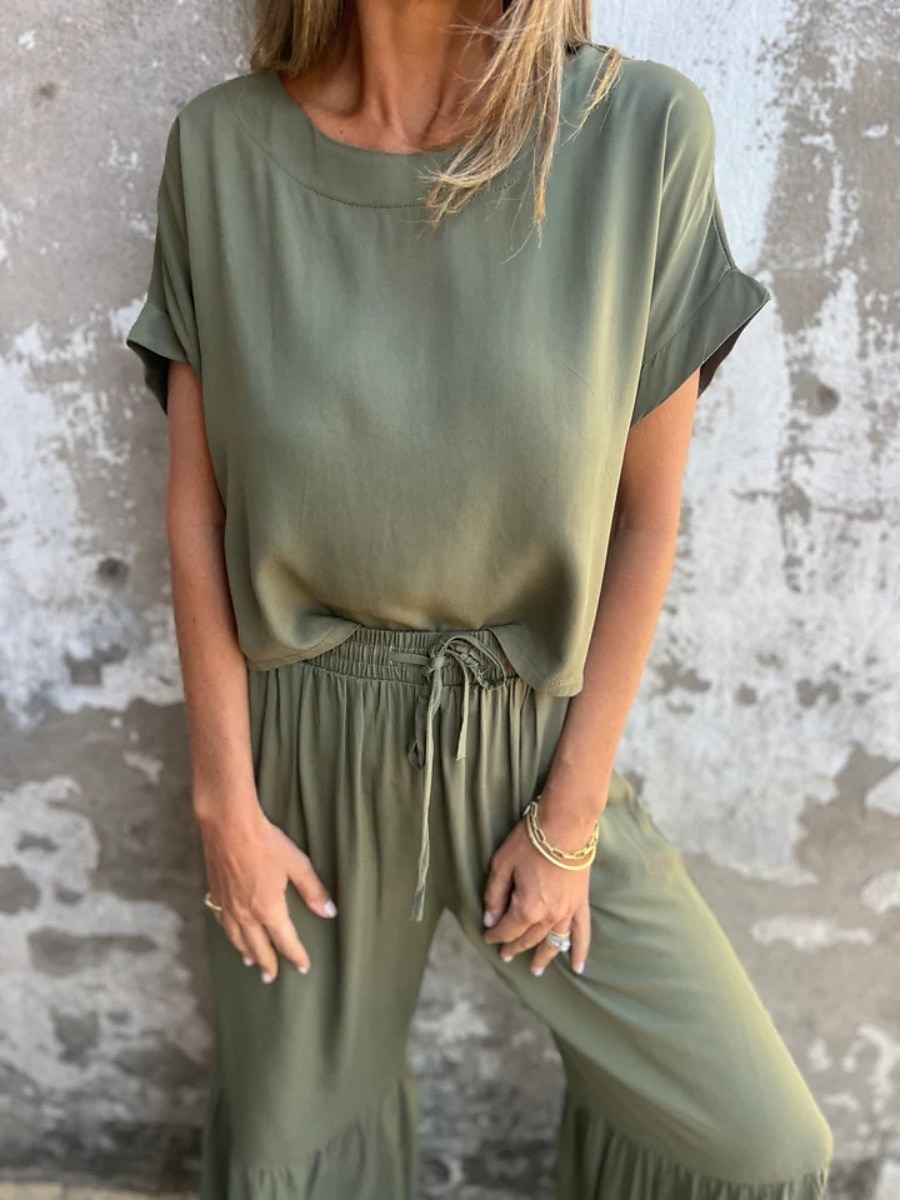 Femmes Actif Basique Ensembles en coton et lin Manche Courte Col ras du cou Couleur Unie A Volants Décontracté Quotidien Noir Vert Véronèse Orange Été Coupe régulière de 2025 ? $32.99 –P7