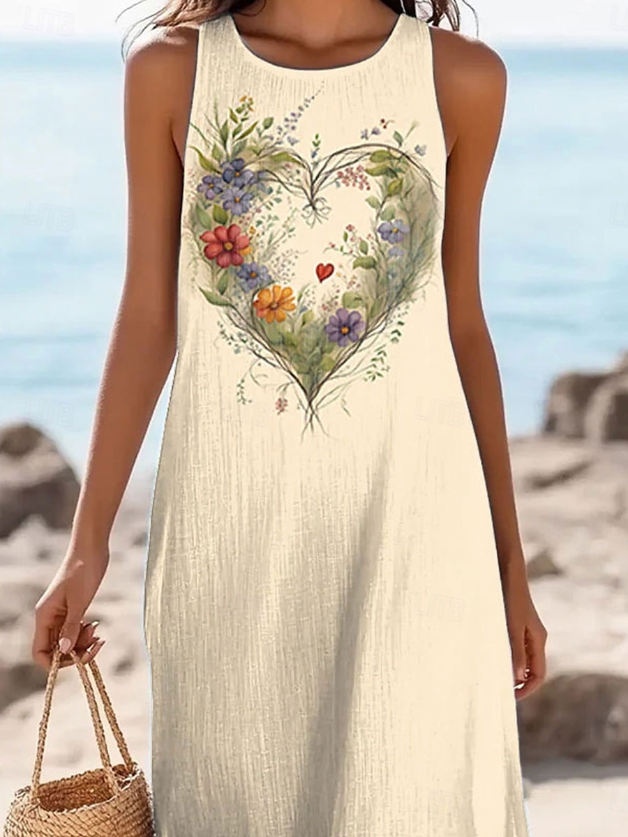 Damen Maxikleid Sommerkleid Shiftkleid Schulterfreies Kleid Lässig Ausgehen Strand Normale Passform Herz Blumen Grafik Ärmellos V Ausschnitt cremefarben Sommer Frühling 2025 - $36.99 –P2