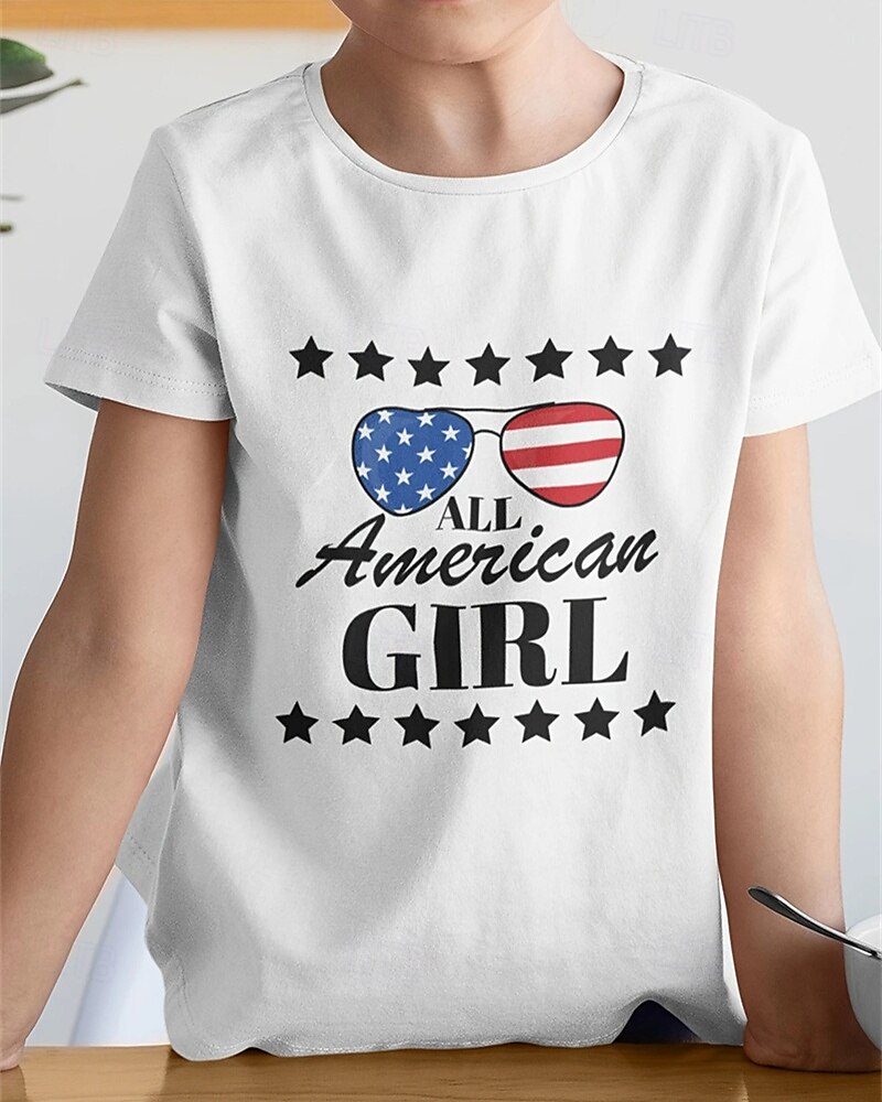 100% Cotton American Independence Day Kids Girls' Black White USA T shirt Tee Crew Neck Short Sleeve Outdoor Vacation Daily Classic Casual Print Summer 2025 - $13.99 –P1