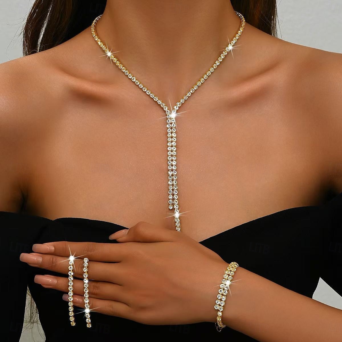 Conjuntos de joyas nupciales: 1 juego de aleación de diamantes de imitación, 1 pulsera, pendientes, collar, conjunto de joyas de lujo para mujer para bodas, ocasiones especiales, fiestas, ropa de 2025 - $31.99 –P3