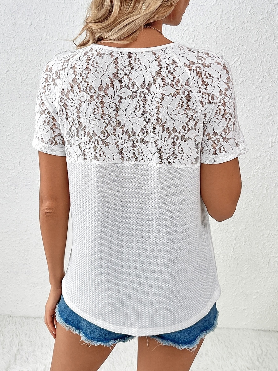 Pentru femei Tricou Simplu Modă Stilat Modern Manșon scurt În V Topuri obișnuite Zilnic Sfârșit de săptămână Dantelă Peteci Negru Alb Roșu-aprins Trifoi Vară 2025 - $15.99 –P7