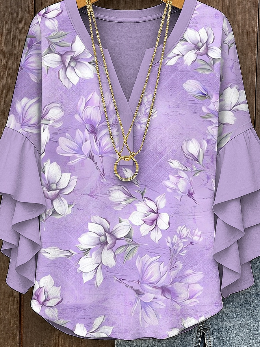 Vrouwen Blouse Gelaagde Ruffle Mouw Tops Bloemen Graphic Bohemia Vintage Dagelijkse 3/4 Lange Mouw V-Hals Reguliere Tops Dagelijkse Vakantie Kleding Print Roze Blauw Paars Groen Zomer Lente Herfst 2025 - $29.99 –P3