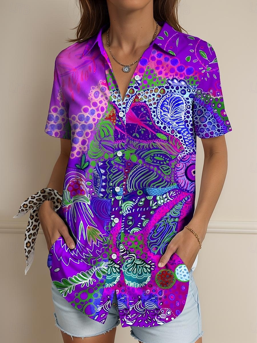 Femmes Chemise Graphique Géométrique Abstrait ancien Tropical Quotidien Manche Courte Col de chemise Hauts Réguliers Quotidien Rouge Bleu Violet Vert Été Printemps de 2025 ? $24.99 –P5