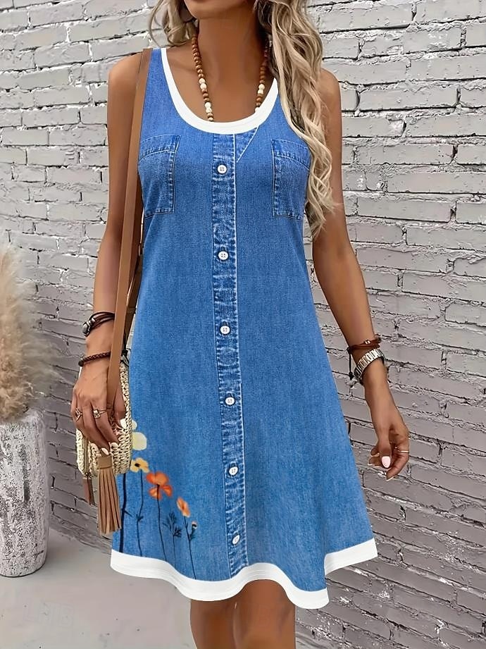Damen Minikleid Sommerkleid A Linie Kleid Urlaub Lässig Täglich Normale Passform Blumen Grafik Ärmellos U-Ausschnitt Blau Dunkelblau Sommer 2025 - $21.99 –P1