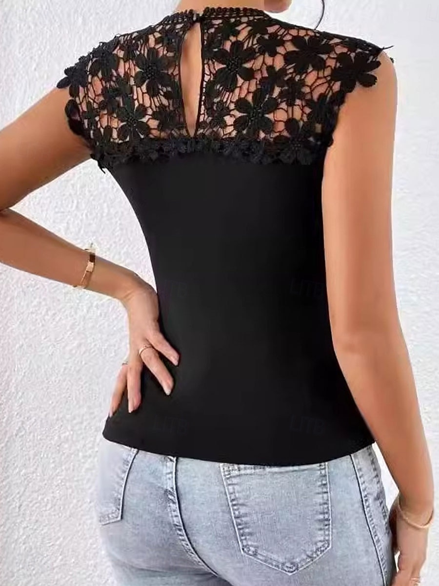 Dam Camisole linne Ensfärgat Elegant Dagligen Stylish Ärmlös Rund hals Vanliga toppar Dagligen Ihålig Svart Sommar Vår 2025 - $19.99 –P3