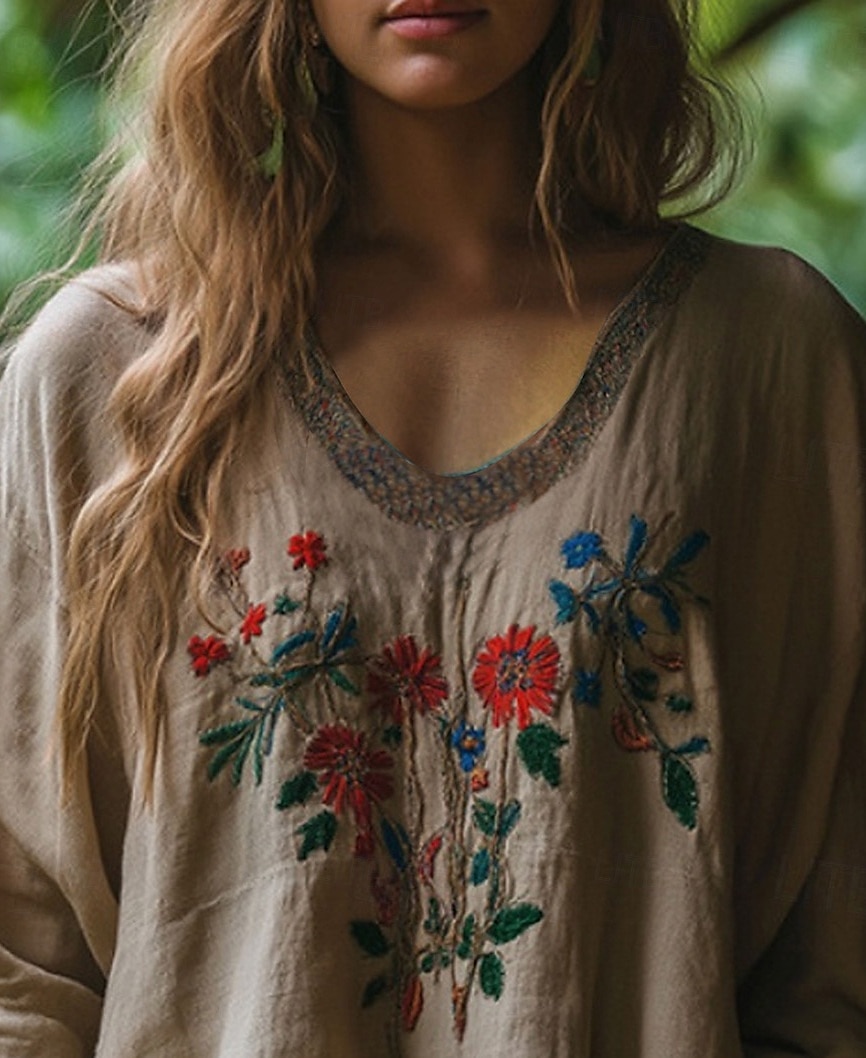 Damen Westernbluse Boho-Hemd Bluse Blume Boho Langarm V Ausschnitt Normale Oberteile Täglich Ausgehen Druck Kamel Khaki Sommer 2025 - $21.99 –P4
