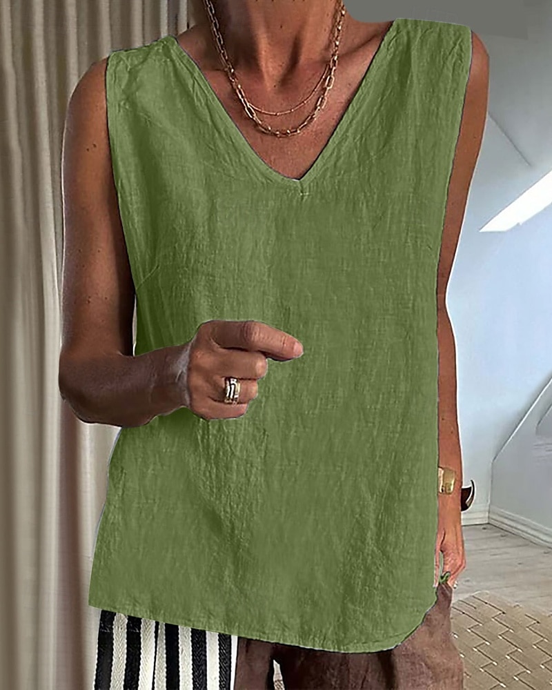 Dames Overhemd Linnen-geïnspireerde sets Blouse Effen Modern Casual Mouwloos V-hals Normale tops Dagelijks Feestdagen Zwart Blozend Roze Leger Groen Beige Grijs Zomer 2025 - $19.99 –P15