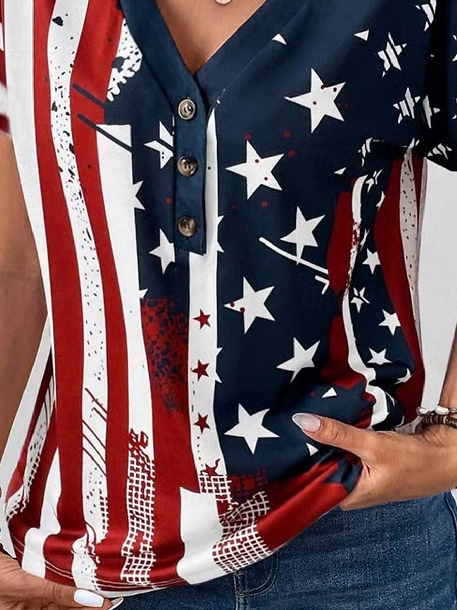 Jour de l'Indépendance Patriote T-shirt Femme Graphique Drapeau Vintage Élégant Décontracté Manches Courtes Col en V Tops Quotidien Week-end Impression Bleue Été de 2026 ? $21.99 –P3