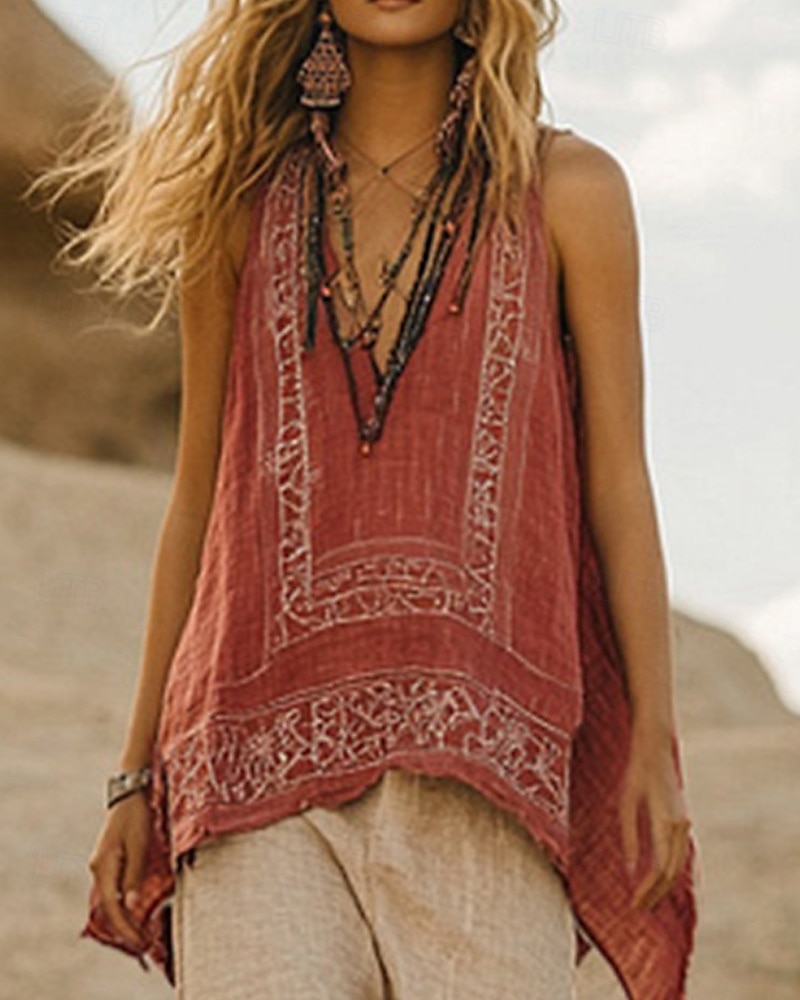Pentru femei Cămăși Bumbac In Cămașă Boho Seturi inspirate de in Bluză Floare Modern Boho Fără manșon În V Topuri obișnuite Zilnic Concediu Imprimeu Portocaliu Vară 2025 - $23.99 –P1