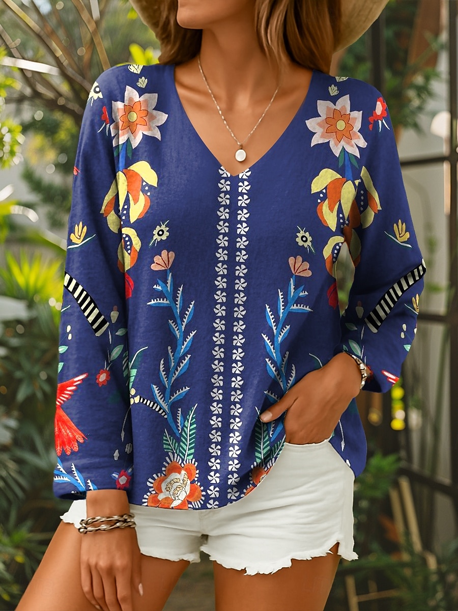 Dame Bluse Blomstret Grafisk Stilfull Fritid Langermet V-hals Vanlige topper Daglig Rød Blå Lilla Grønn Sommer Vår 2025 - $24.99 –P1