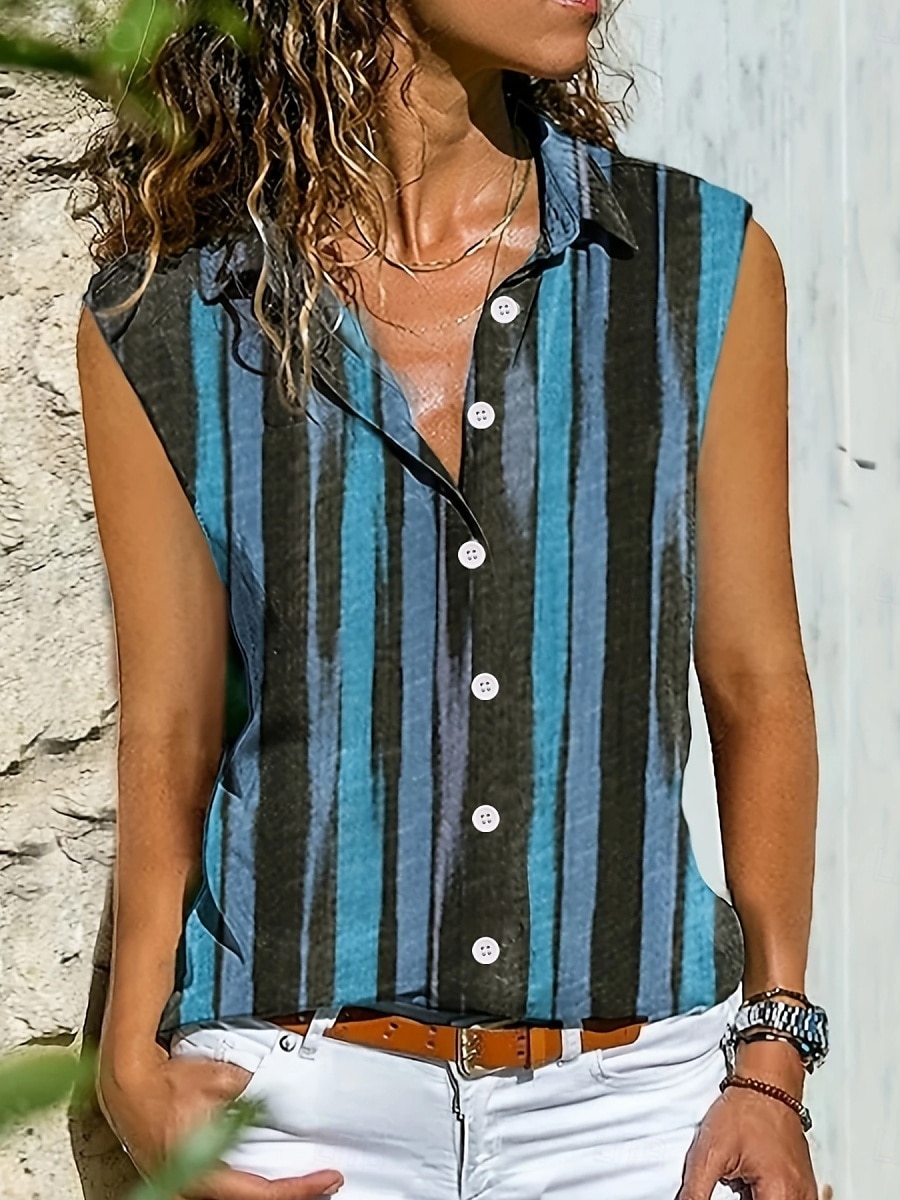 Women's Camisole Tank Top Striped Daily Casual Sleeveless V Neck Regular Tops Daily Buttons Print Yellow Red Blue Summer Spring 2025 - $16.99 –P7