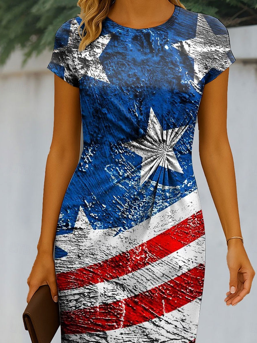 Dámské vlastenecké midi šaty šaty tvarované bodycon šaty formální boho každodenní štíhlé grafické s krátkým rukávem kulatým výstřihem modré léto jaro 2025 - $33.99 –P2