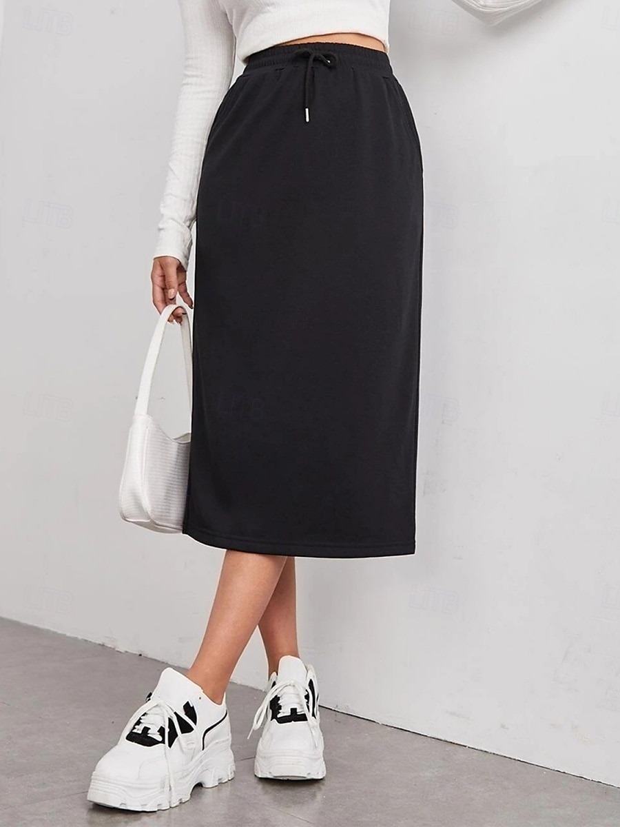 Ženská sukně jednobarevná módní casual maxi sukně s vysokým pasem jednoduše kapsa elastická street denní černá šedá léto polyester 2025 - $17.99 –P10