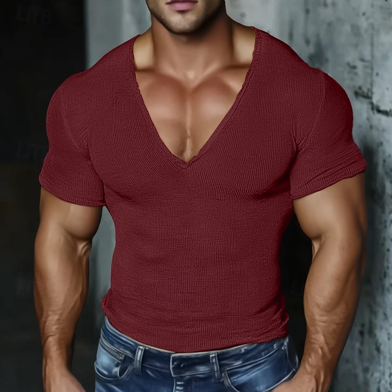 Férfi Kötött póló Tee Top Cotton Blend póló Rövid ujjú V-alakú Nyár Tömör szín Divat Dizájn Alap Kötött Vakáció Utca Hétköznapi Sárga Bézs Világoskék Férfi felső póló 2025 - $17.99 –P5