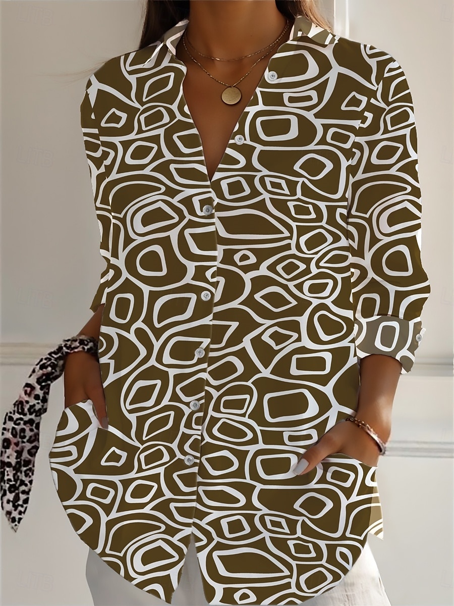Femmes Chemises en coton et lin Géométrique Quotidien Occasionnel Manche 3/4 Col de chemise Hauts Réguliers Quotidien Fête Boutons Imprimé Noir Blanche Marron Vert Été de 2025 ? AU $30.79 –P6