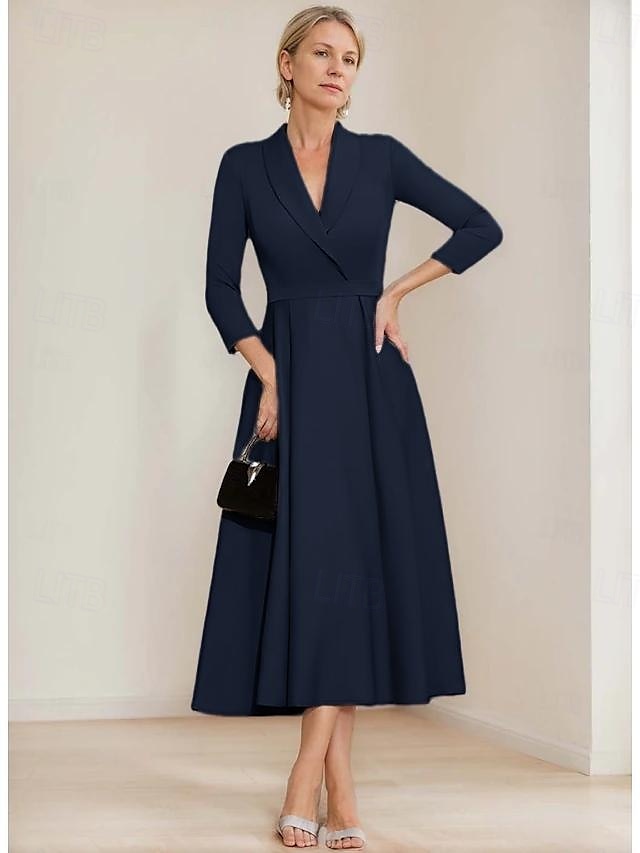 vestido blazer linha a mãe da noiva vestido crepe elegante simples lapela decote comprimento chá cetim manga 3/4 com cor sólida 2025 de 2025 por $169.99 –P12