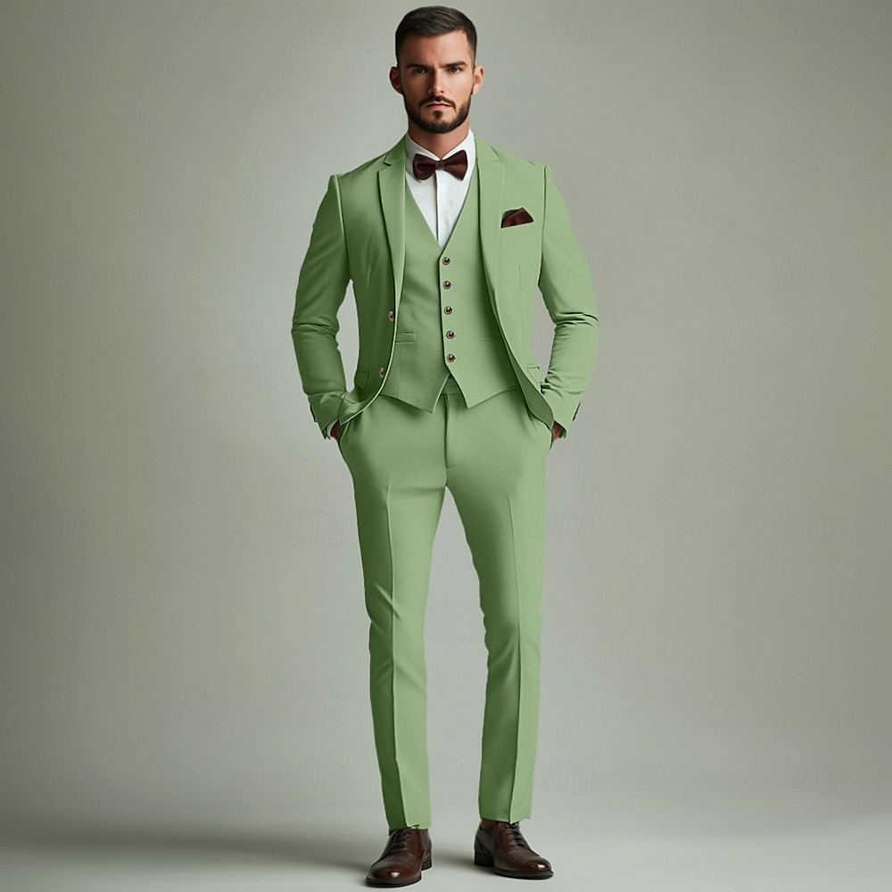 Uomo Matrimonio Feste Completi Verde salvia Formale Tinta unita Vestibilità standard 3 pezzi Monopetto Due Bottoni del 2025 a $122.99 –P1