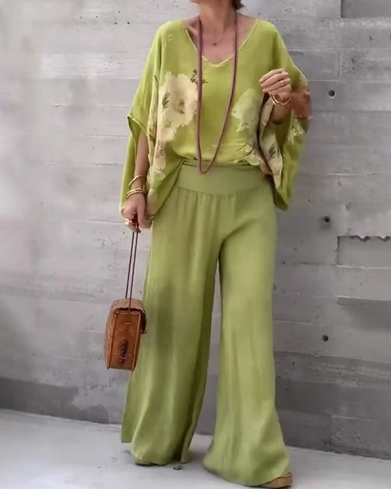 Per donna Attivo Camicie di cotone e lino Blusa Set di Pantaloni Mezza Manica Scollo a V Stampa Stampato Vacanza Ferie Blu marino Viola Marrone Estate Vestibilità regolare del 2025 a $26.99 –P3