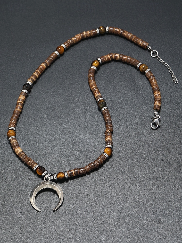 Men's Lava Rock Beaded Necklace with Turquoise and Crescent Moon Pendant - Boho Style, Adjustable Length, Unisex for Casual Wear, Outdoor and Daily Use 2025 - $9.99 –P9